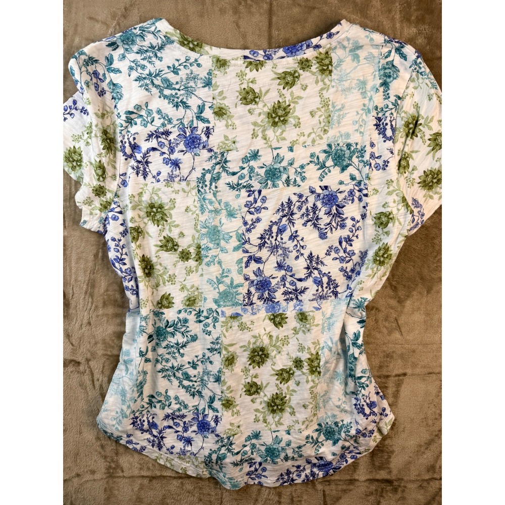 Blue Sol Petite Lora Floral Patchwork Short Sleeve Top Blue Green Size L - Picture 5 of 5